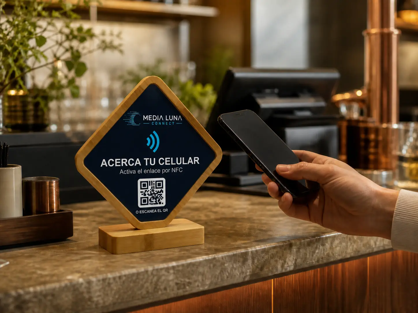 Cliente usando su celular frente al Connect Mini Stand real en un restaurante