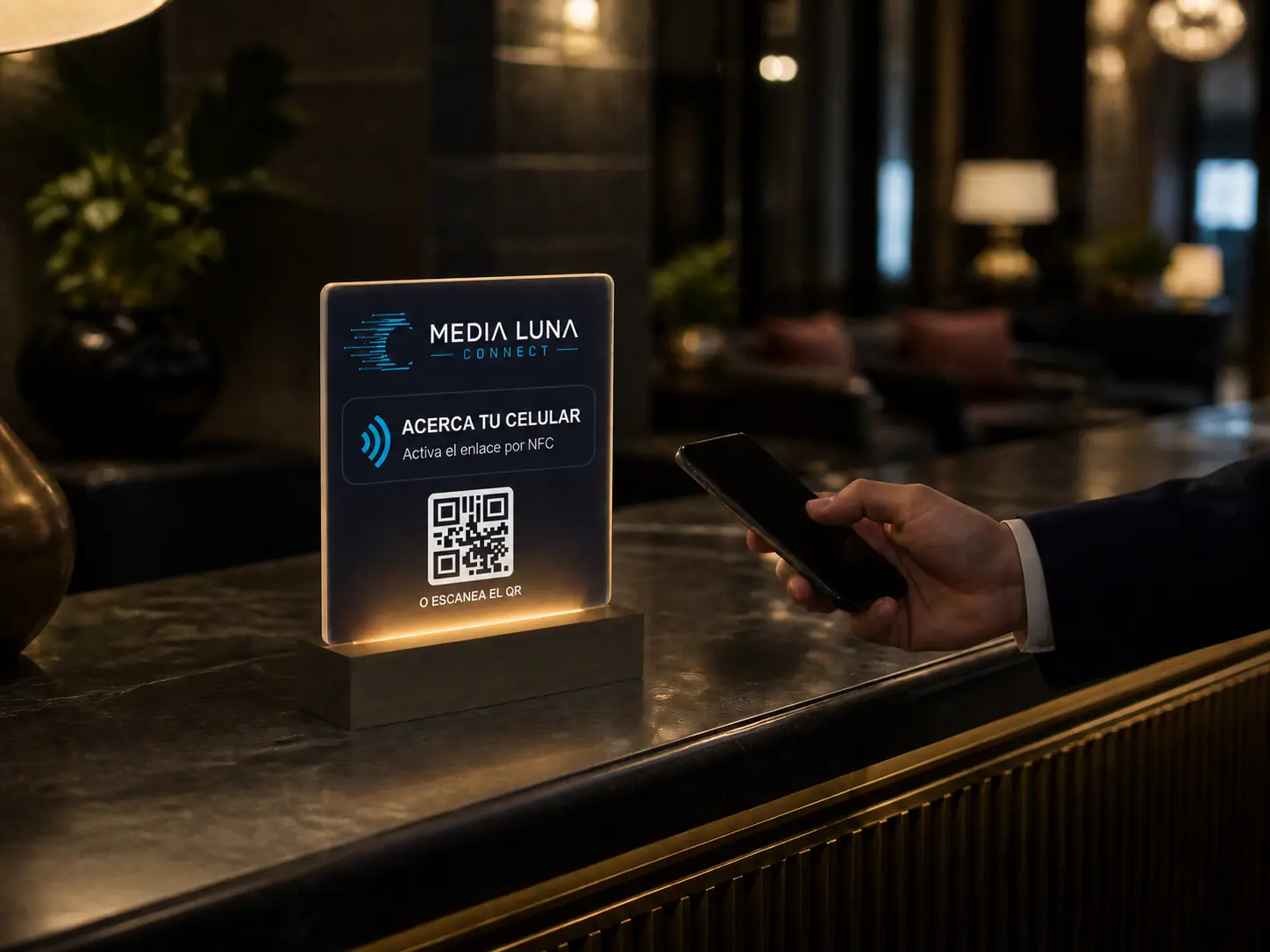 Connect Premium iluminado en la recepción de un hotel mientras un huésped usa su celular