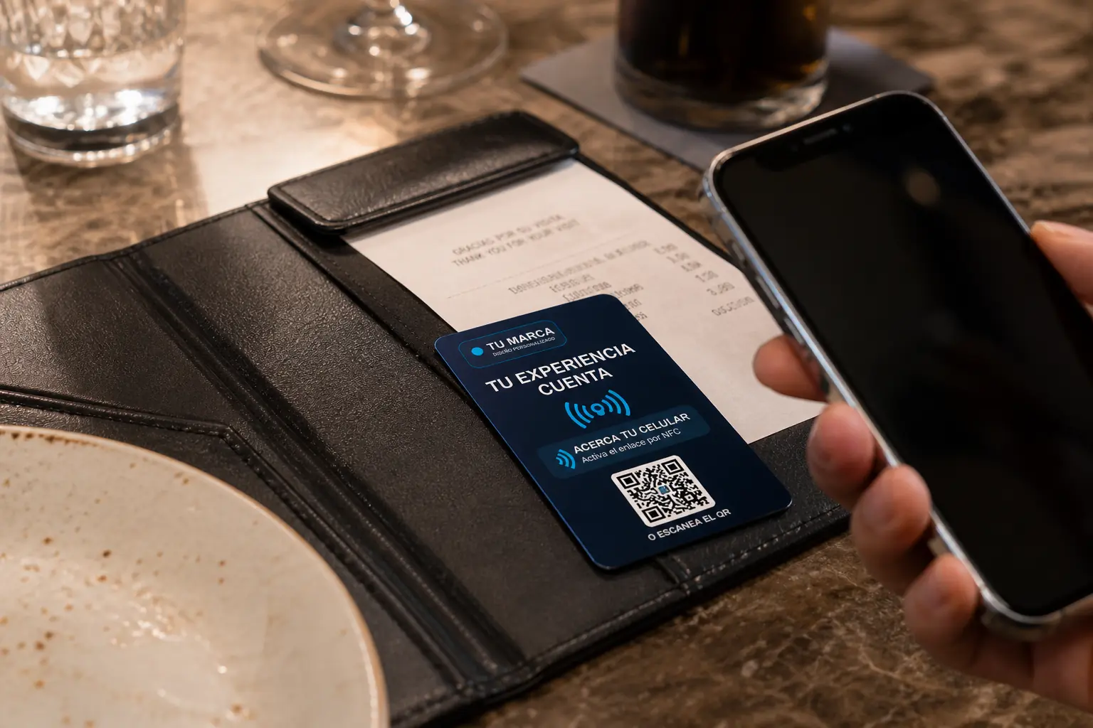 Tarjeta NFC y QR dentro de la cartera donde se entrega la cuenta en un restaurante